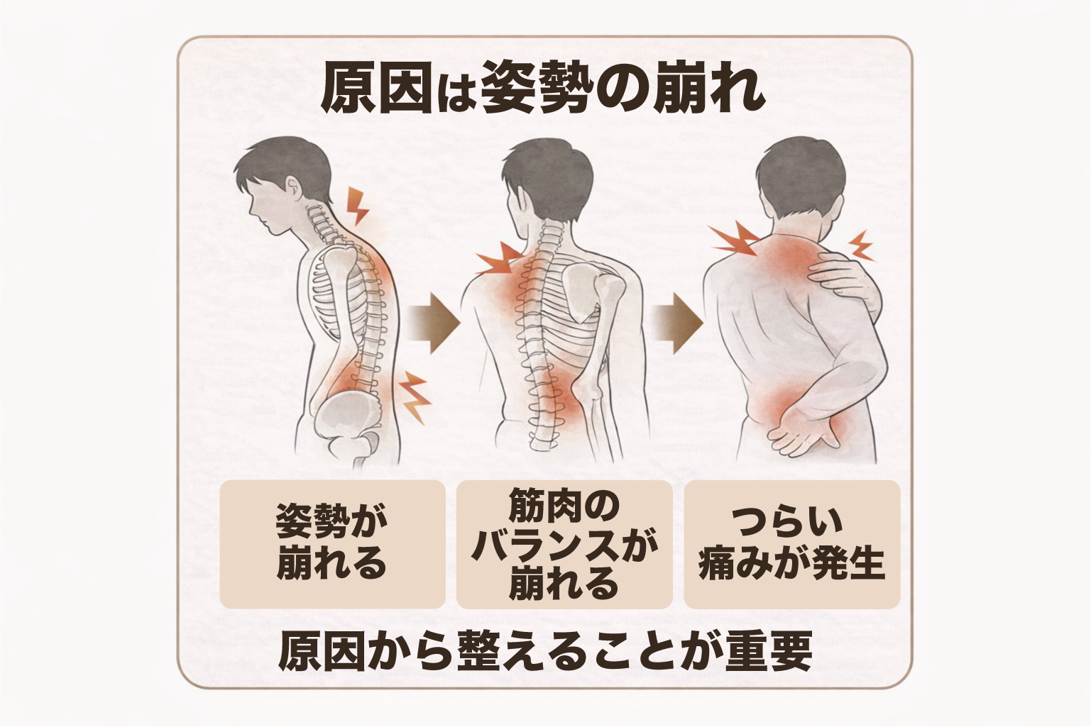 姿勢の崩れが原因で肩こりや腰痛が起きるイメージ
